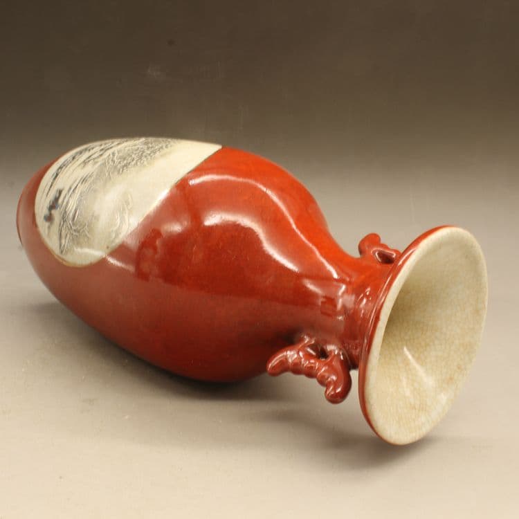紅釉花鳥雪景瓶 景徳鎮 陶磁器 装飾品 工芸品 美術品 置物