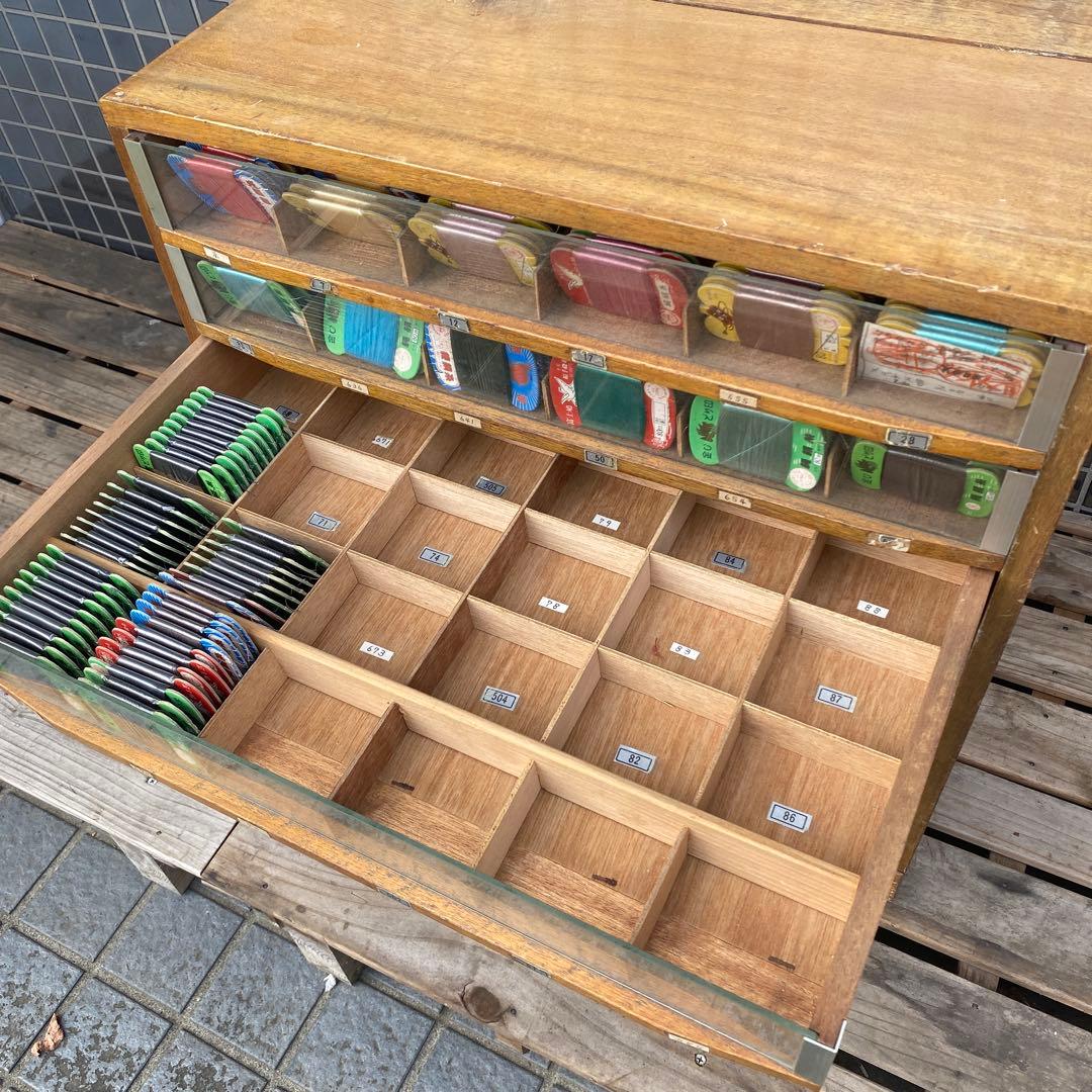 昭和レトロ 金しどり印絹糸 店舗什器 ショーケース 木製 古家具 糸大量
