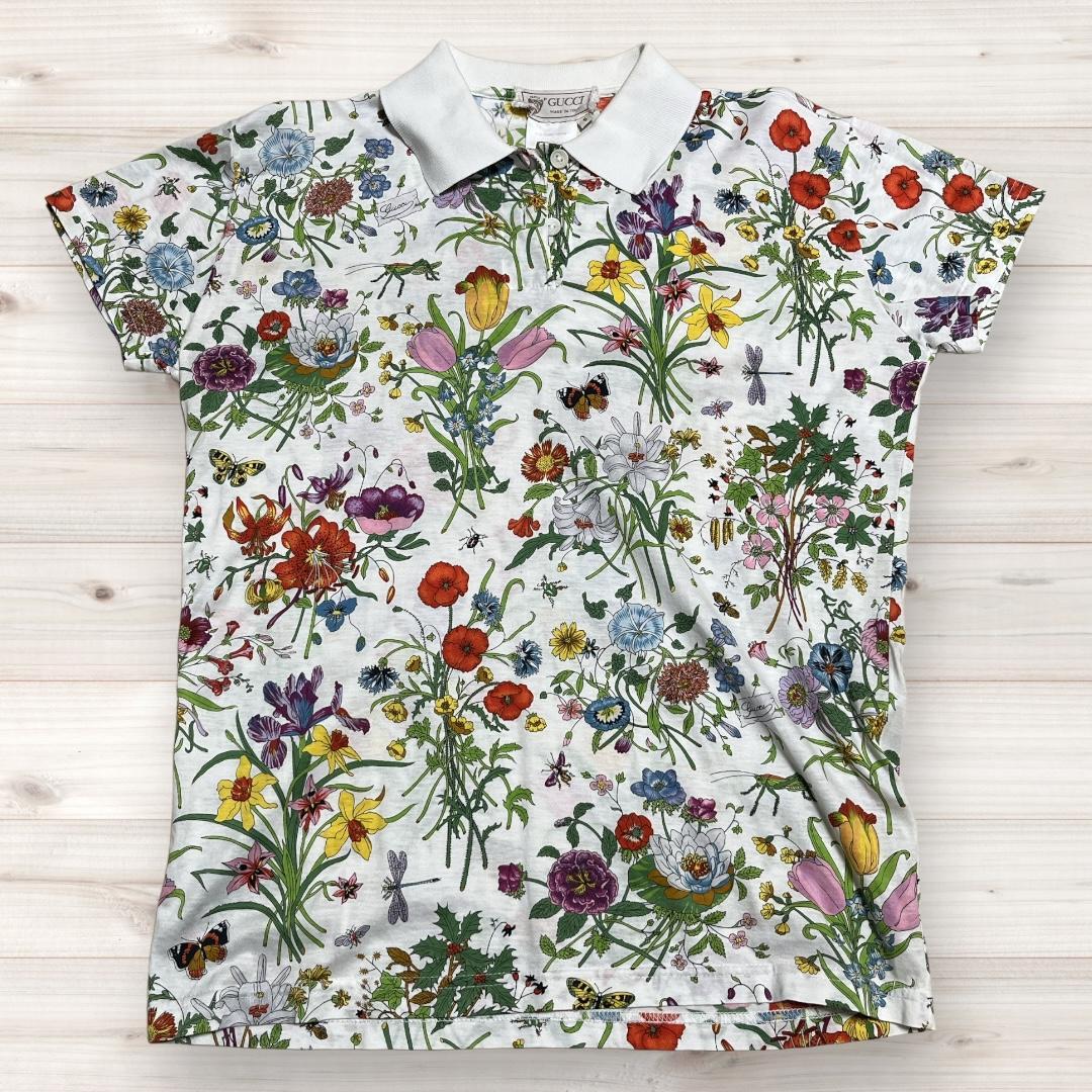 GUCCI フローラル柄 ポロシャツ ホワイト ヴィンテージ S
