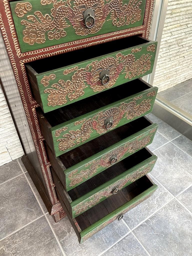 アンティーク　シノワズリ　１０段引出し　チェスト　東洋家具　唐箪笥　中国風文様
