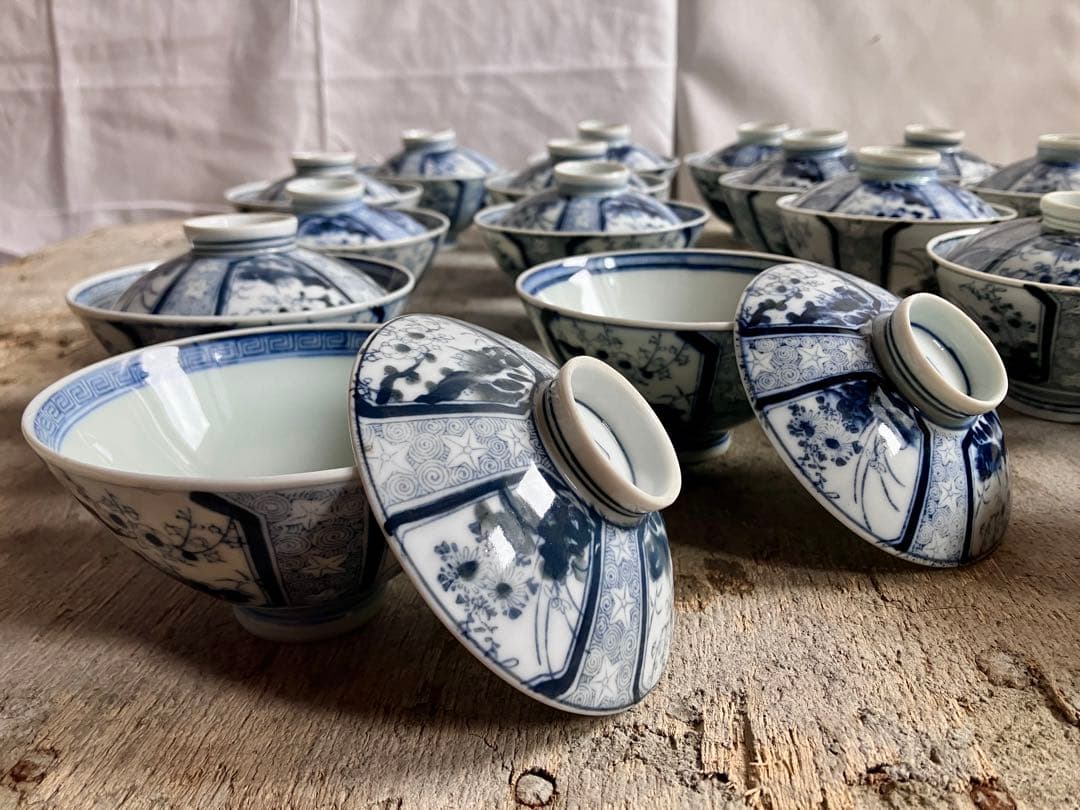 新春お値下げ✅古伊万里✅蓋付き椀18客/染付山水画/骨董/磁器