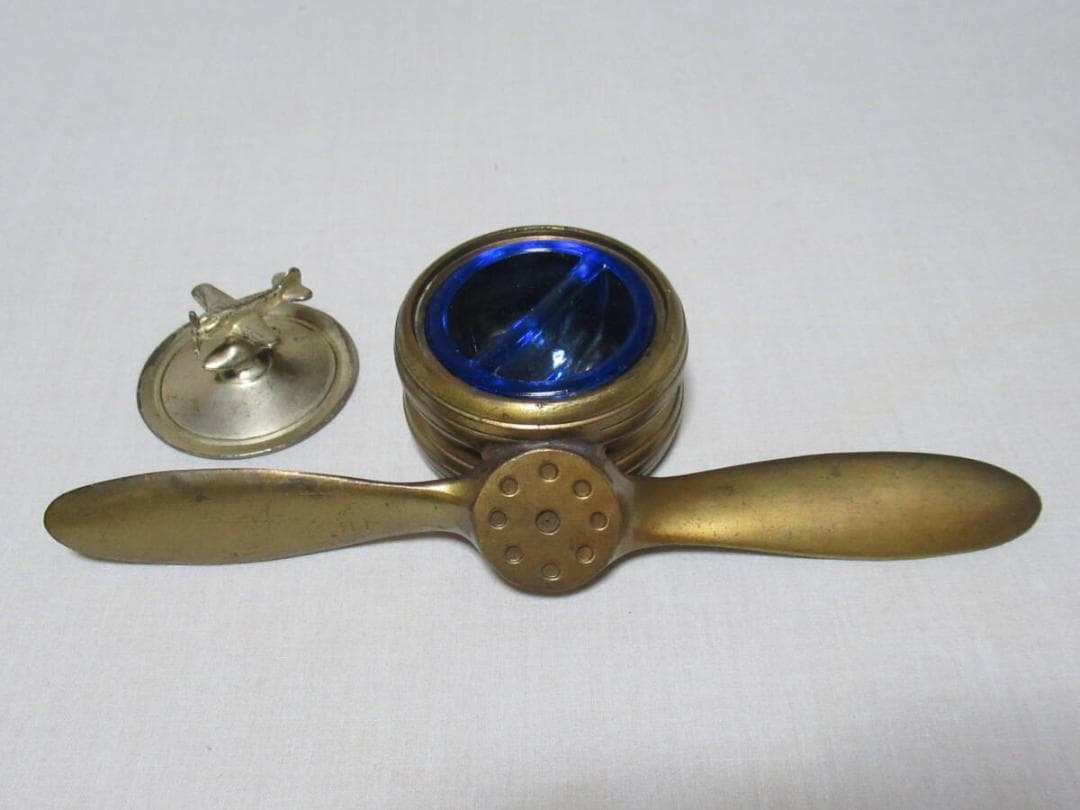 希少 昭和初期◆真鍮製 戦闘機プロペラ型 インク壺/インクスタンド フタは戦闘機