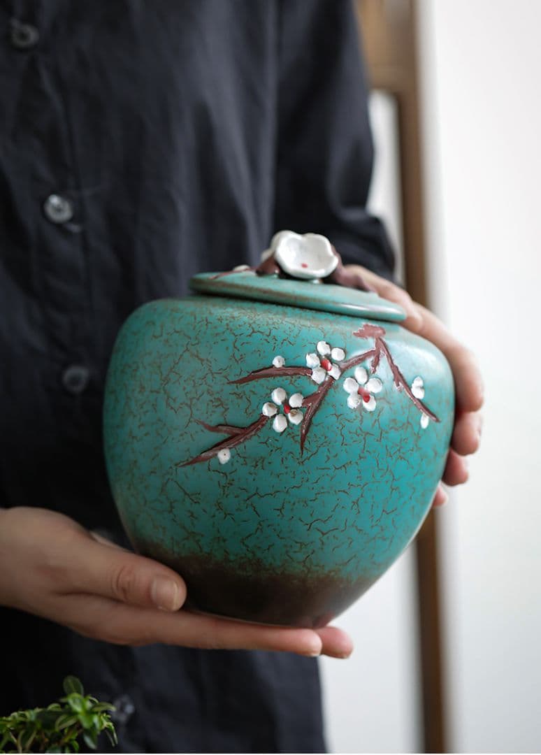 窯変手描き梅の花茶壺 陶器密封壺防潮貯蔵壺 装飾品 工芸品 置物