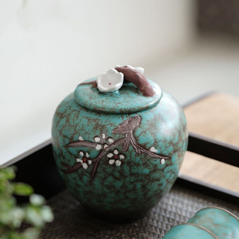 窯変手描き梅の花茶壺 陶器密封壺防潮貯蔵壺 装飾品 工芸品 置物