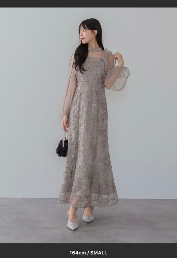 フラワースパンコールチュールフリルロングスリーブマーメイドワンピースドレス