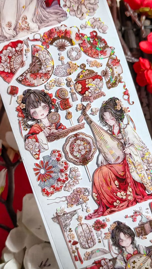 【9403】海外3/5/巻　貝殻金マスキングテープ　獅子先生新作　赤　人物古風系