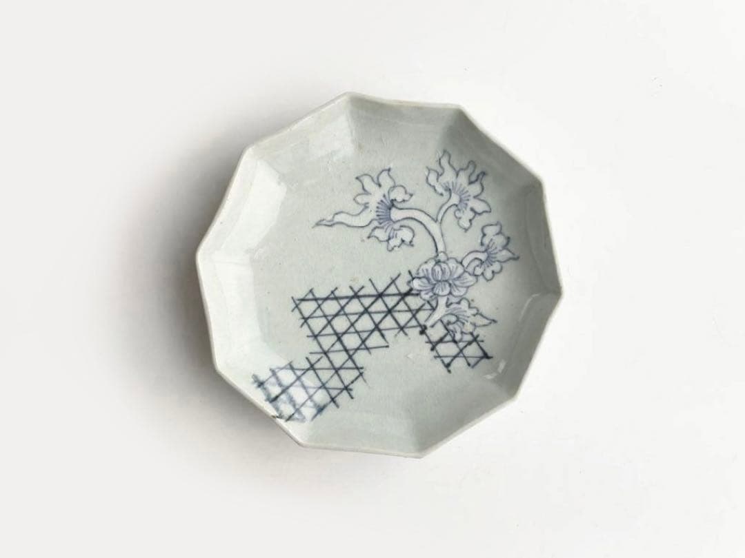 骨董　アンティーク　古伊万里　青磁染付　檜垣　花文様　十角皿　六寸皿