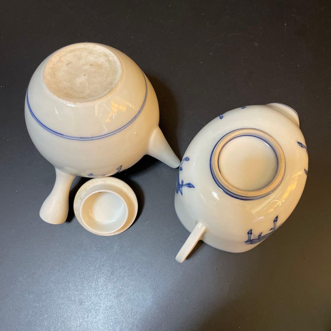 古い染め付け茶器　在名あり　雲魯？急須　前茶碗　建水