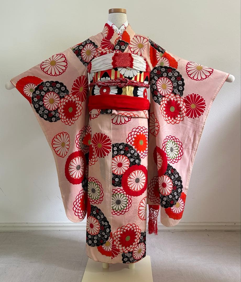 7歳　七五三　ハーフ成人式　アンティーク正絹着物、帯、帯揚げ、帯締め　しごき