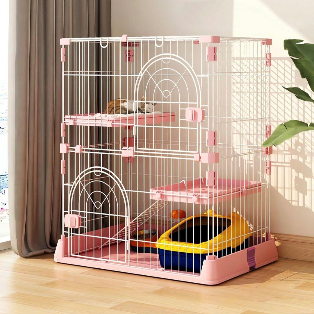 大型猫まで 対応 組み立て簡単 キャットケージ 2段タイプ 10kg ピンク