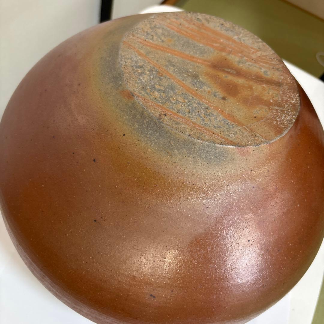 〔備前焼〕壺　茶色 球形 陶器広口 中村　勉作