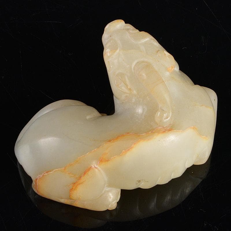 中国　玉石白玉彫刻　神獣　紙鎮　置物　C　R5393