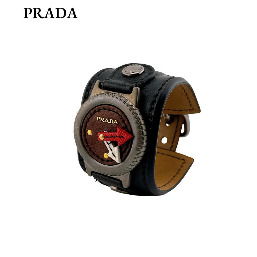 ★プラダ レザー 時計モチーフ ブレスレット バングル ブラック レザー★