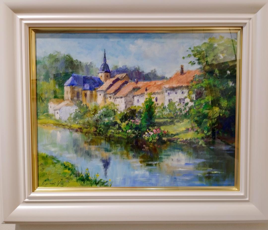 油絵　「ベルギーの教会」F6号　額装　真作