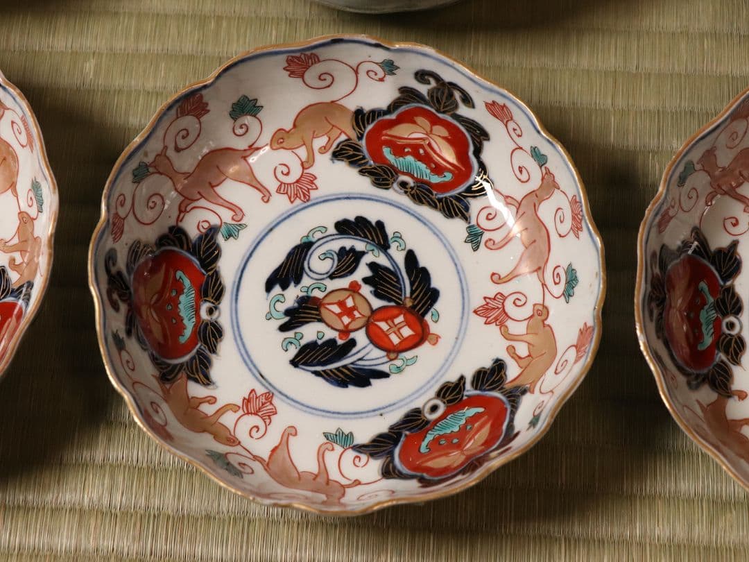 冨貴長春 古伊万里 花唐草獣図 色絵 なます皿 六客 中皿 鉢 錦手【CM12】