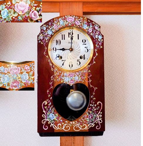 〈完動・美品〉ローヤル時計一点物特注品　ハート型面取り硝子ゼンマイ振り子掛け時計