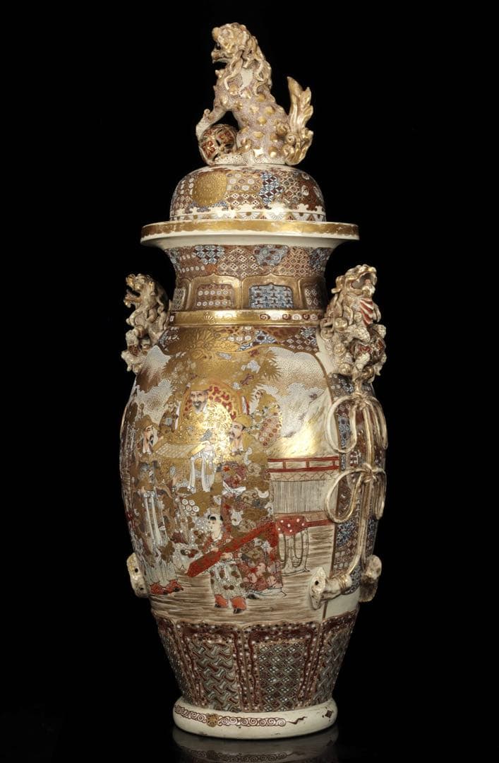 【極上薩摩焼】特大金襴手色絵賢人図獅子摘蓋獅 香炉 飾壺 時代骨董 古美術アート