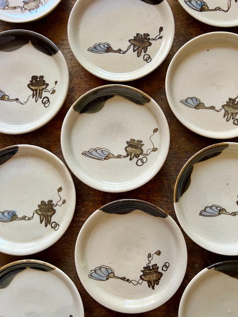 時代　茶道具柄　手塩皿まとめて箱入り　織部　小皿　アンティーク　古道具　古陶磁器