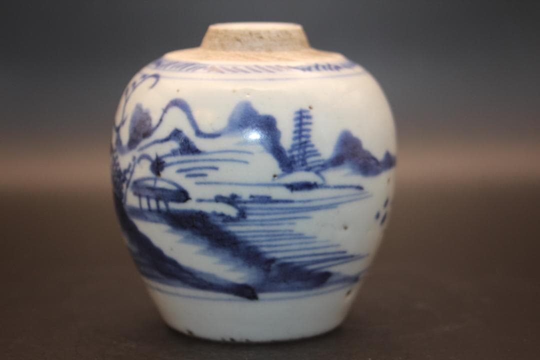 【海】古染付　清時代　人物山水絵中壺　本物保証！ 骨董品 時代品 美術品