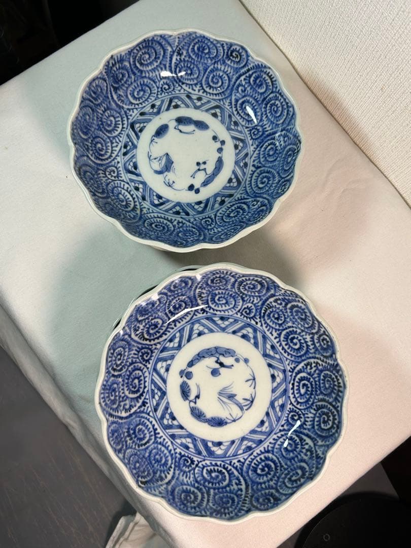 古伊万里染付　たこ唐草 膾皿　4枚 無傷 江戸時代後期(成化年製)