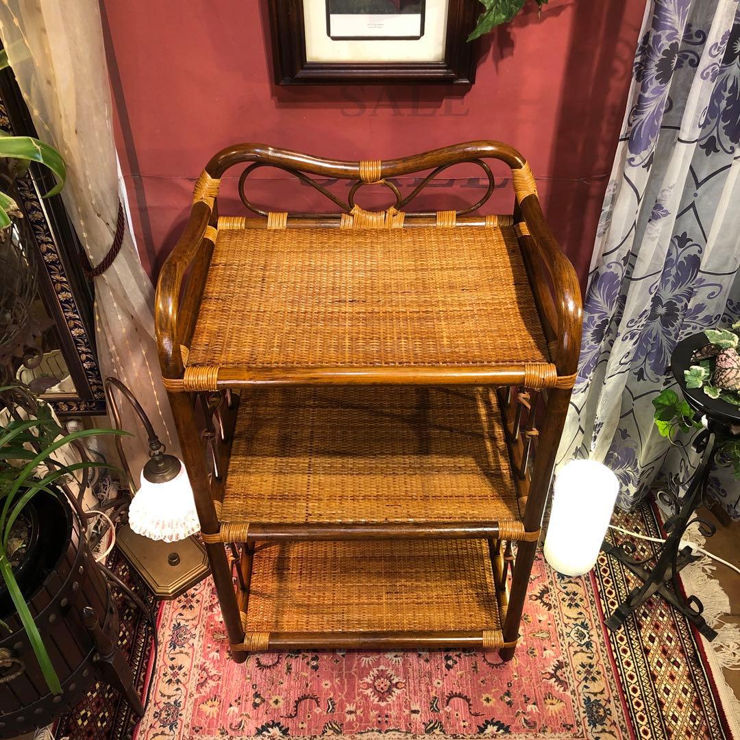 Sale 昭和レトロ　ビンテージ　オールドラタン　オープンシェルフ　三段ラック