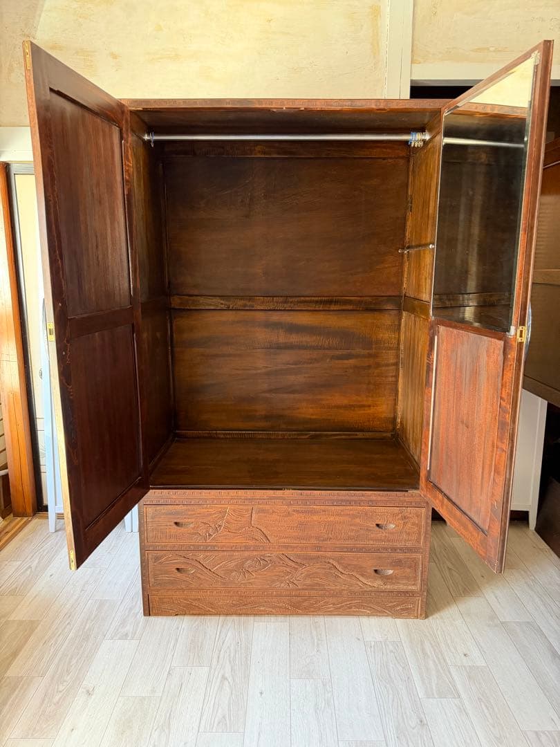 軽井沢彫 箪笥 ワードローブ 整理箪笥 昭和レトロ 伝統工芸品 アンティーク 桜