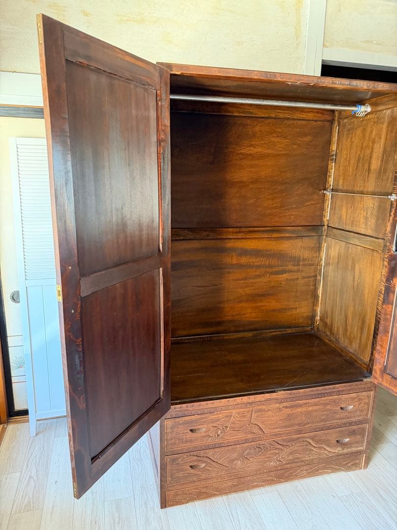 軽井沢彫 箪笥 ワードローブ 整理箪笥 昭和レトロ 伝統工芸品 アンティーク 桜