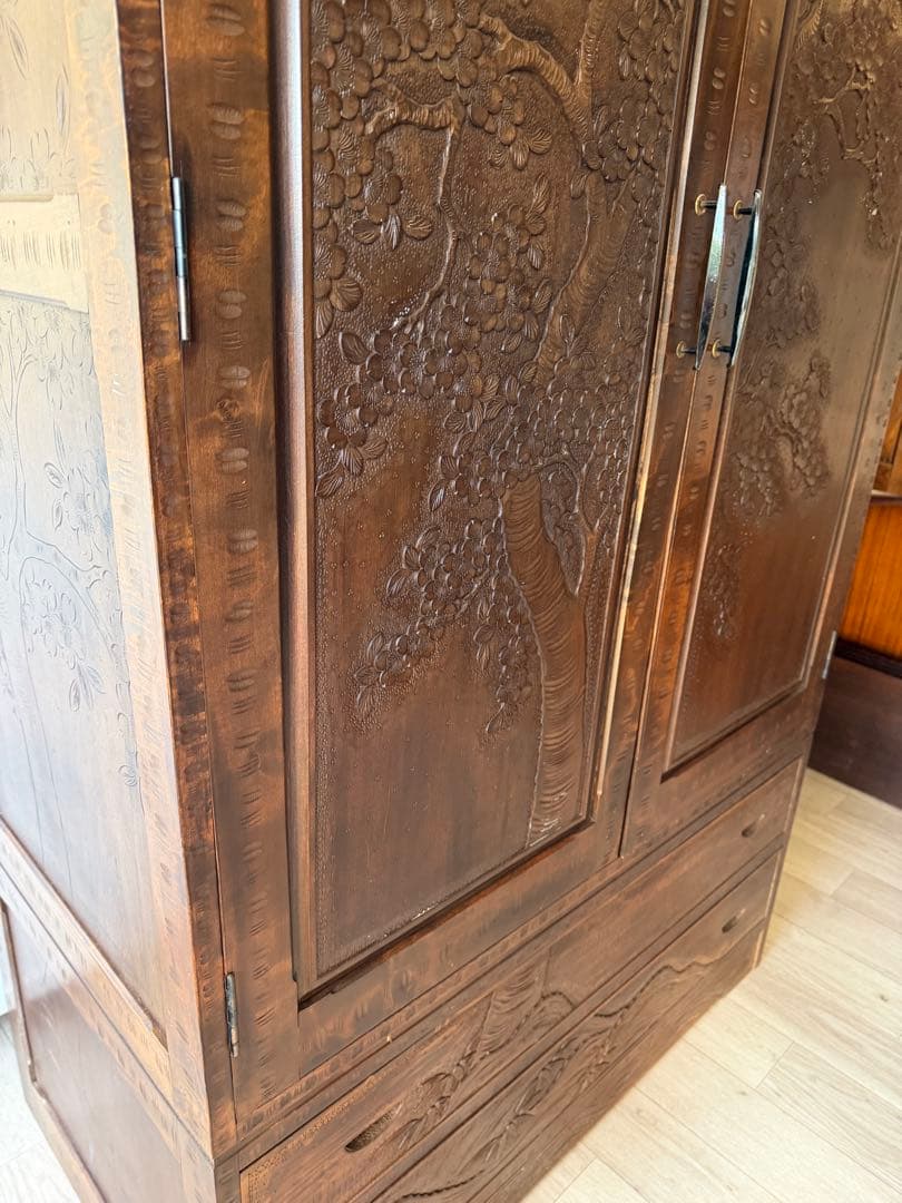 軽井沢彫 箪笥 ワードローブ 整理箪笥 昭和レトロ 伝統工芸品 アンティーク 桜