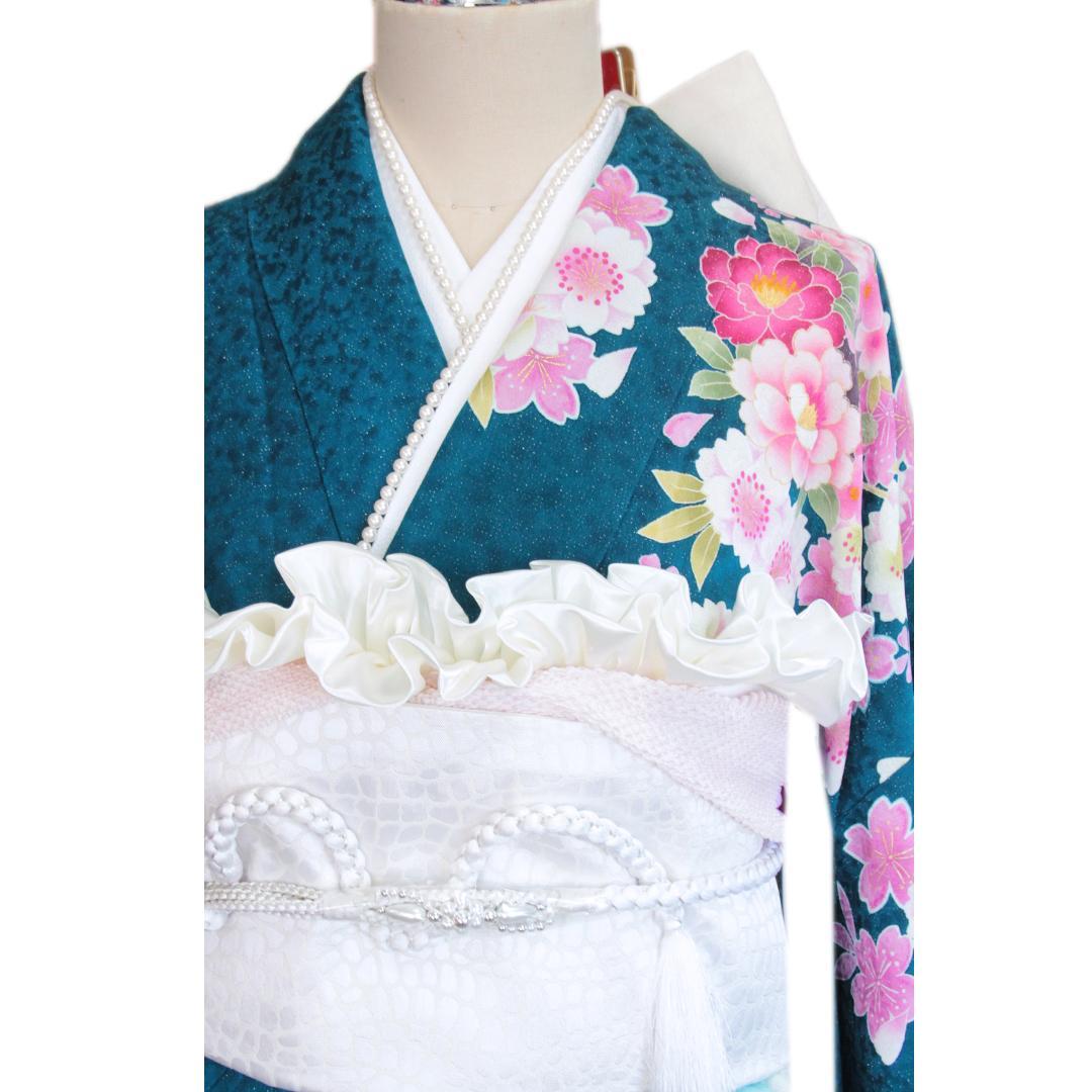 振袖単体/丈171cm/暗いターコイズブルー/トールサイズ生成り白系正絹TT19