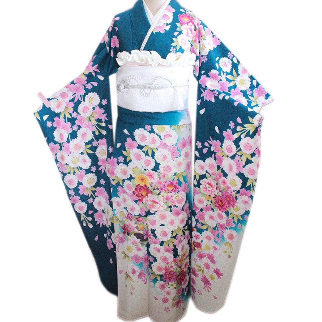 振袖単体/丈171cm/暗いターコイズブルー/トールサイズ生成り白系正絹TT19