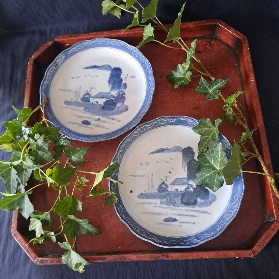 「青と白のコントラスト！ 山水画皿(直径18cm)」 古伊万里皿 2客セット 骨