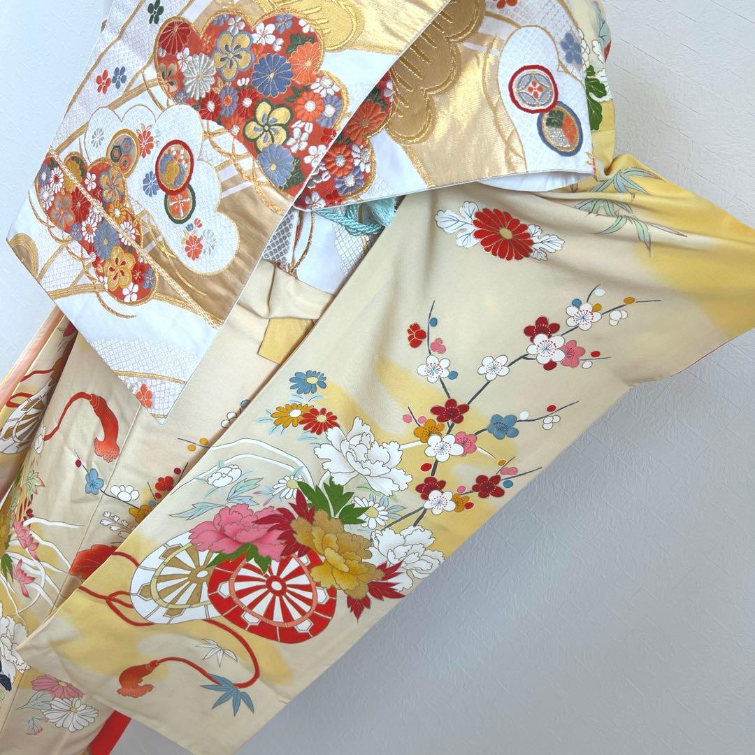 447 振袖フルセット 正絹 クリームイエロー 手描き 金彩 暈し染め レトロ