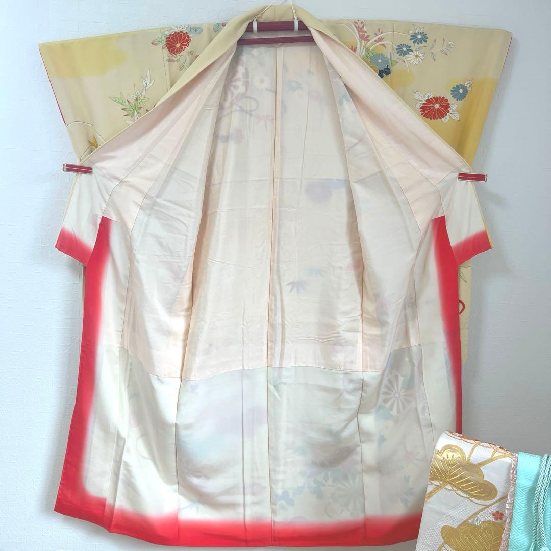 447 振袖フルセット 正絹 クリームイエロー 手描き 金彩 暈し染め レトロ