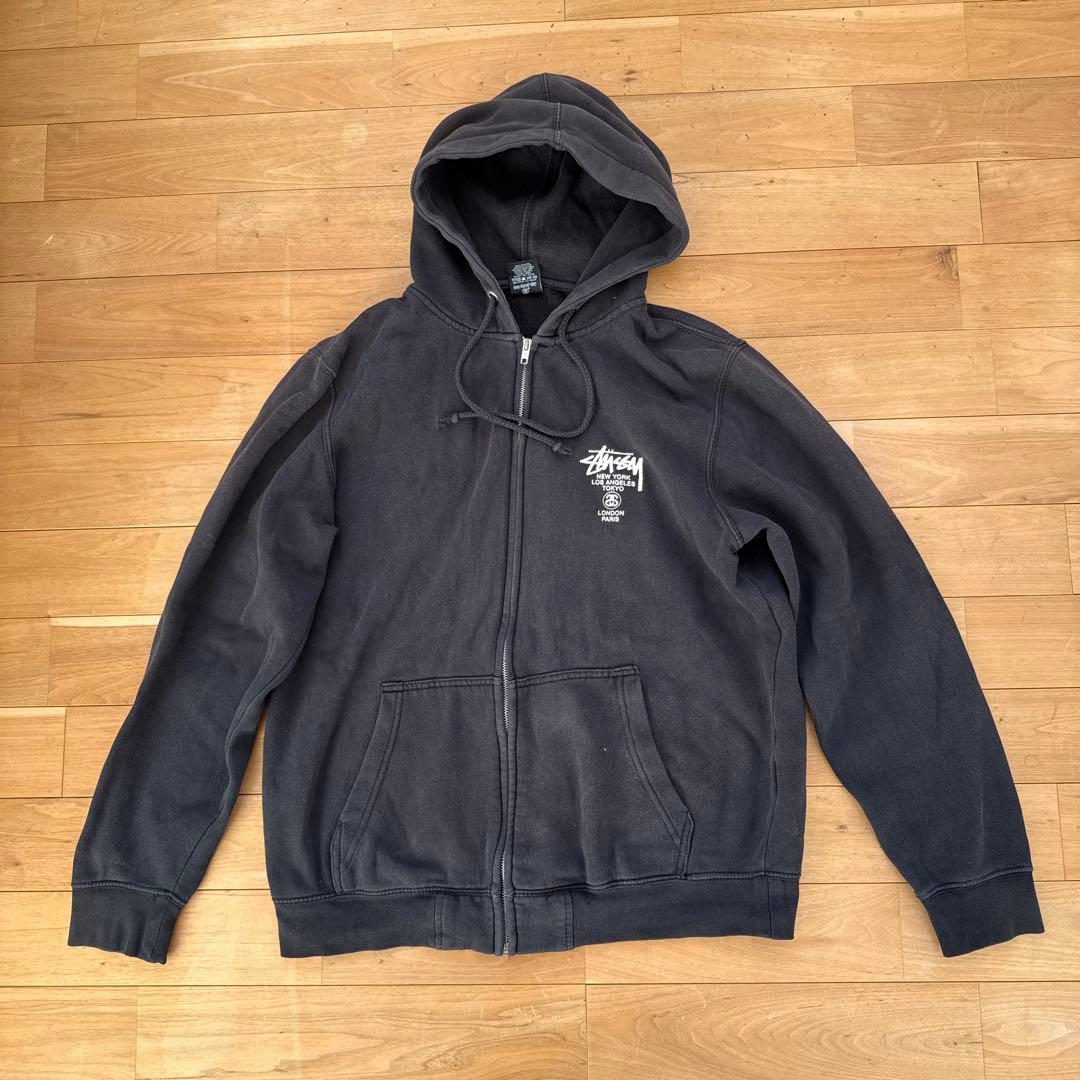 stussy ジップアップパーカー　ワールドツアー　ブラック　L フーディ　黒