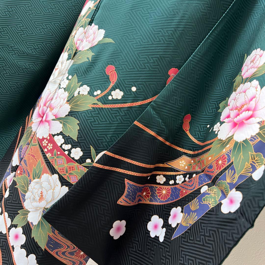 387 振袖フルセット 正絹 深緑 グリーン 金彩 暈し染め ゆったり XL