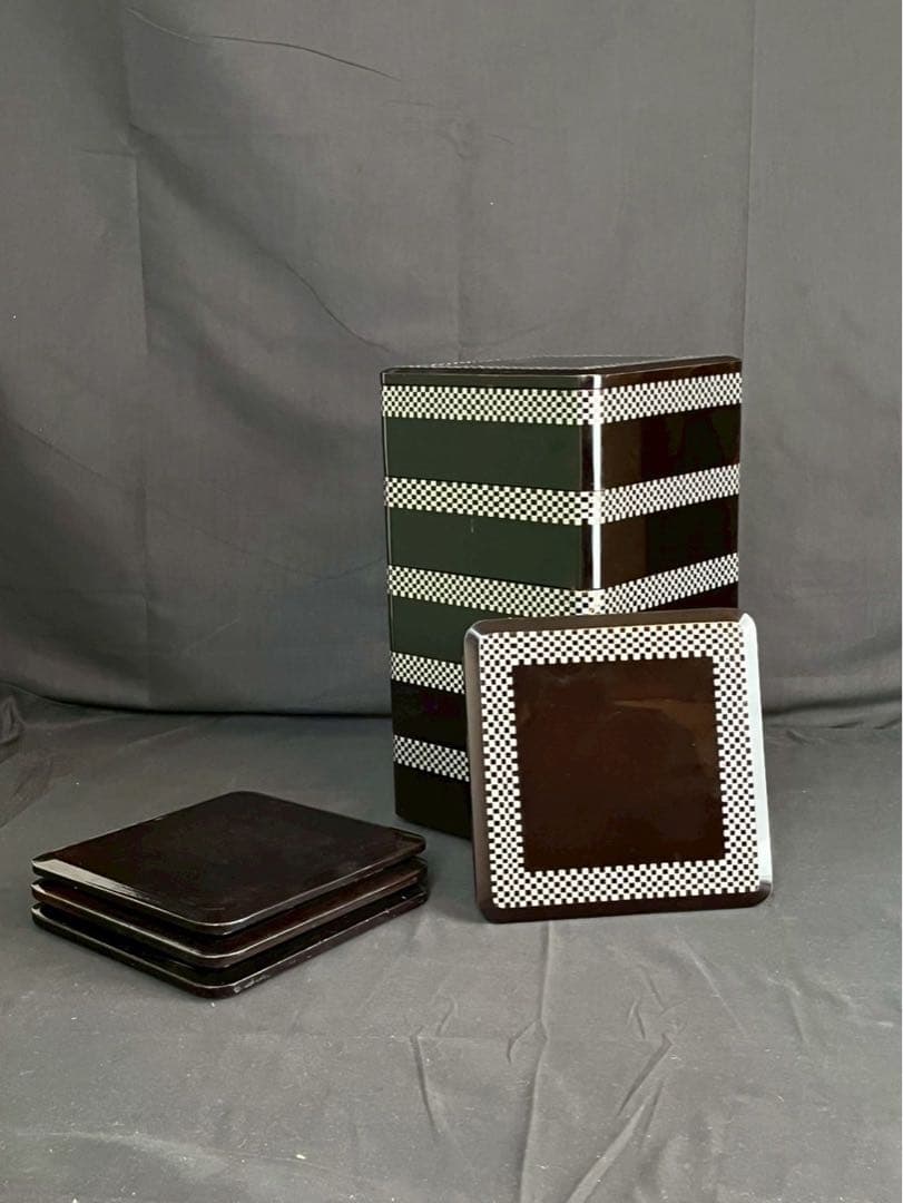 時代漆器 市松蒔絵 黒塗 内梨地 五段重箱 二枚蓋 合蓋三枚付 共箱 / 輪島塗