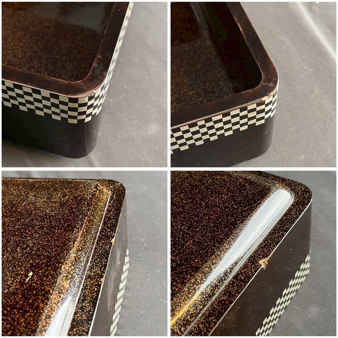 時代漆器 市松蒔絵 黒塗 内梨地 五段重箱 二枚蓋 合蓋三枚付 共箱 / 輪島塗