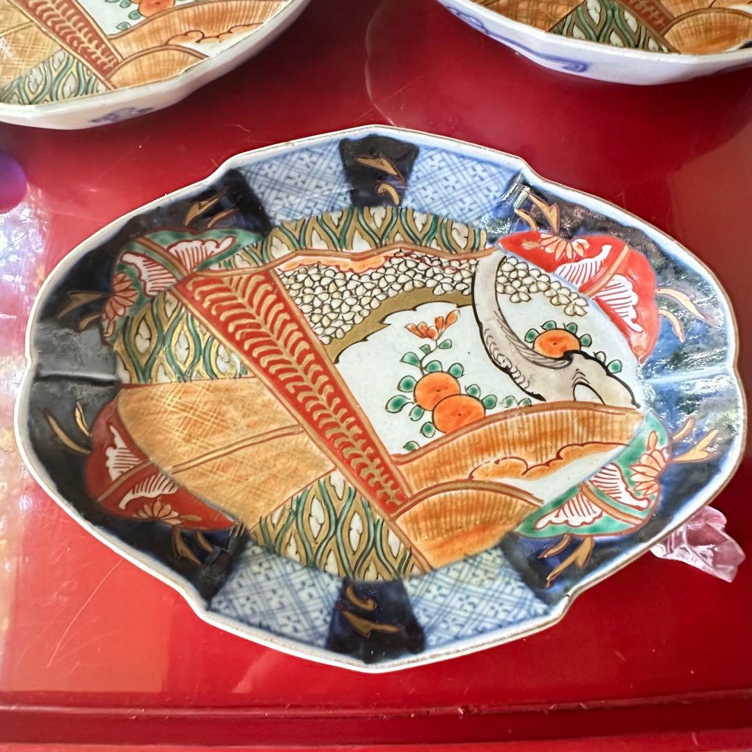 I様へ感謝お嫁入り‼️伊万里錦手若松＆橙＆ふきよせ兜形刺身皿 十字模様なし6客