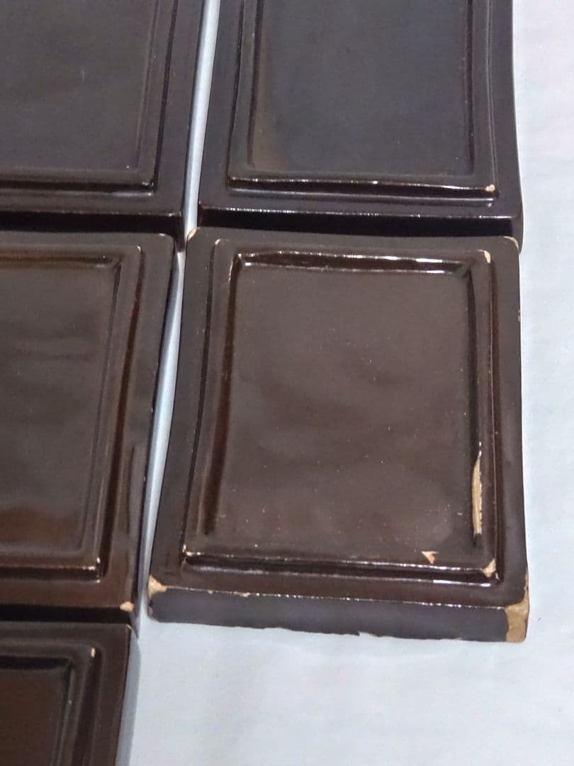 骨董　レトロ　織部釉　歌人　和歌　四角小皿　（古箱　手入？）