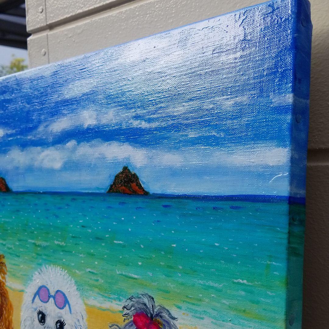 油絵　マミ ラニカイビーチを楽しむキュートな犬たち　大きいキャンバス