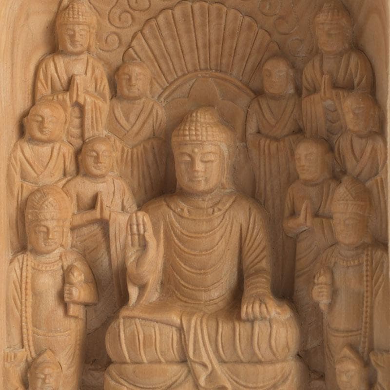 仏教美術　柘植彫刻　諸尊仏龕　三開仏　仏像　木箱付　N　9423