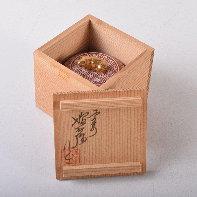 茶道具　京焼　平安　高野昭阿弥造　赤絵金彩　干支丑香合　共箱　V　8003