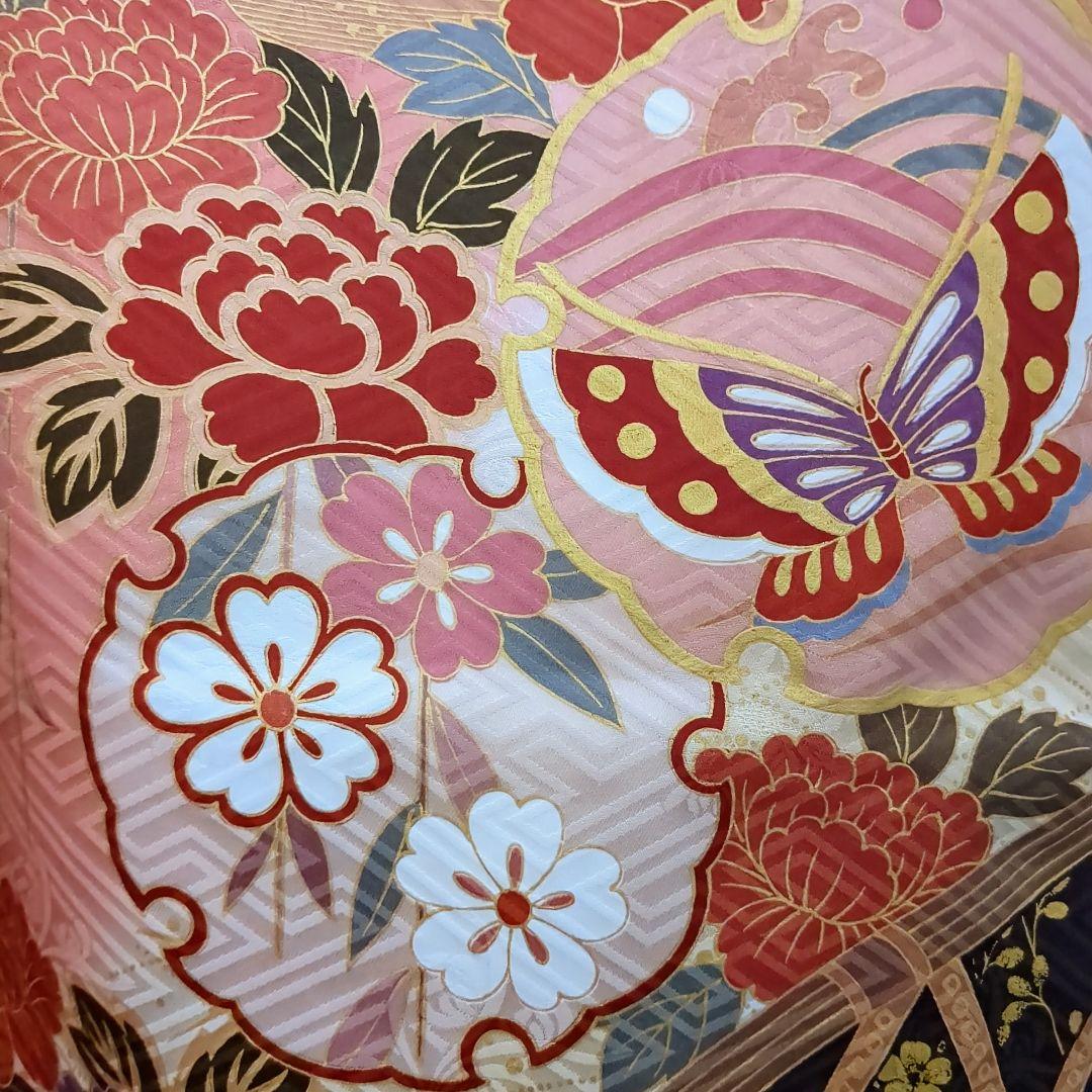 振袖セット 振袖フルセット 駒刺繍 雪輪花蝶文 金彩 ピンク系×クリーム 50