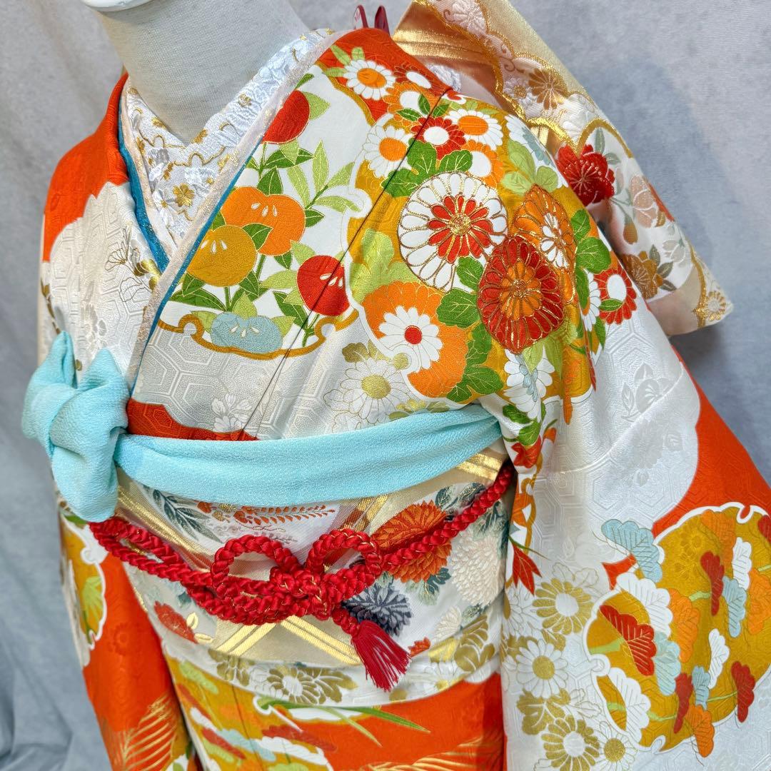振袖フルセット　古典柄　トールサイズ　161〜171　白地オレンジ　正絹　成人式