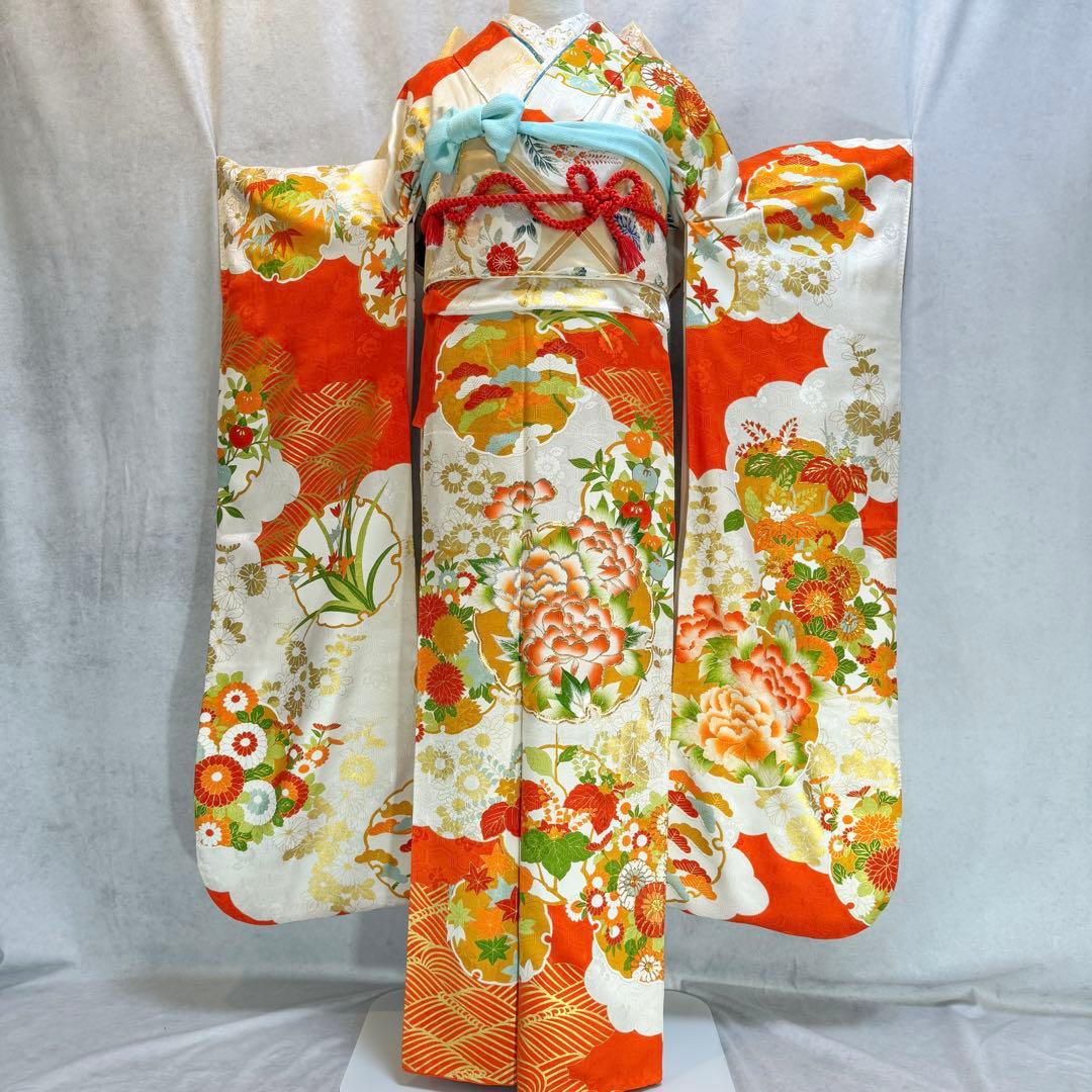 振袖フルセット　古典柄　トールサイズ　161〜171　白地オレンジ　正絹　成人式