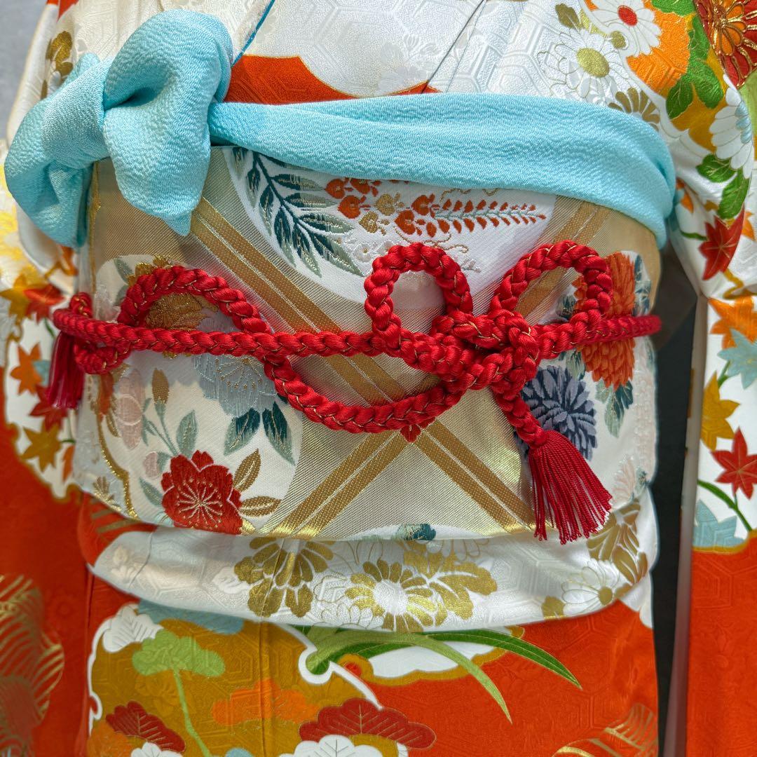 振袖フルセット　古典柄　トールサイズ　161〜171　白地オレンジ　正絹　成人式