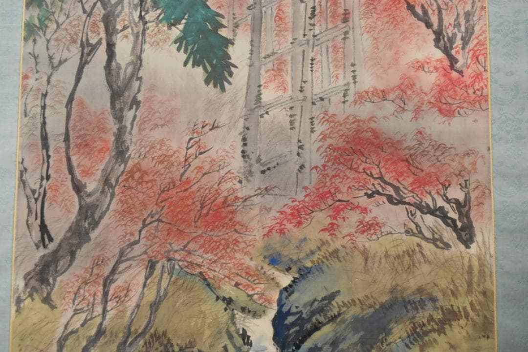 【真作】秋豊/通天橋紅葉之図/掛軸/名家伝来/AA-574