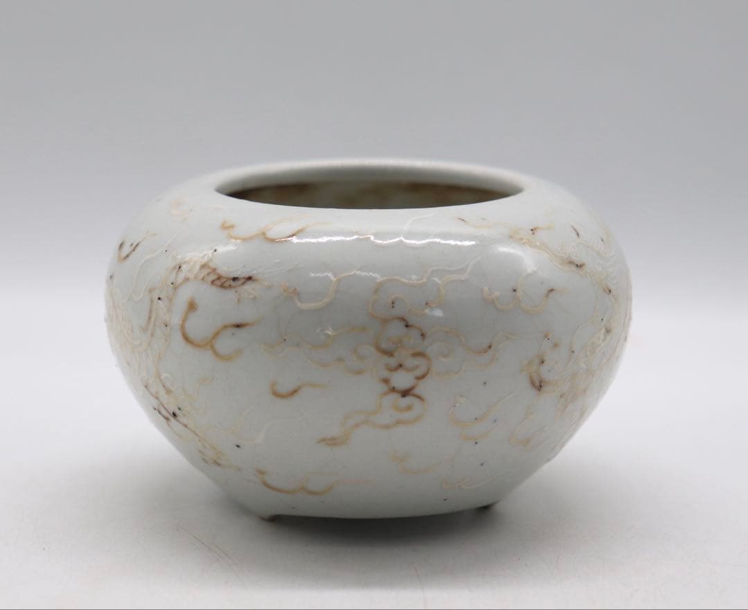 中国　明時代　白釉雙龍紋三足香炉　送料込み250107