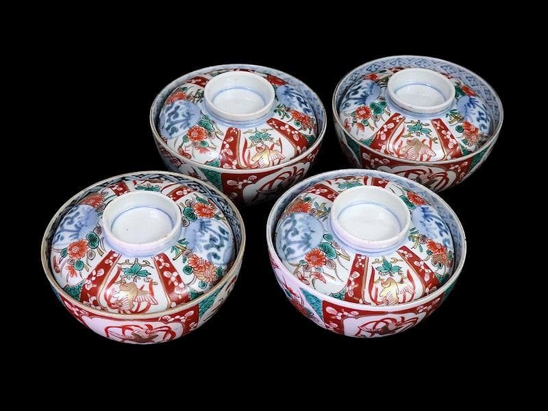 古伊万里　色絵　桐に鳳凰　丸紋に菊の図　蓋茶碗　４客　D200AS-fbut