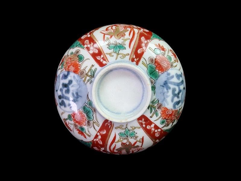 古伊万里　色絵　桐に鳳凰　丸紋に菊の図　蓋茶碗　４客　D200AS-fbut